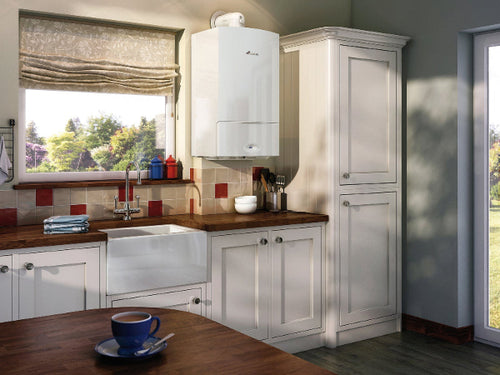 Kitchen interior with white appliances and wooden countertops