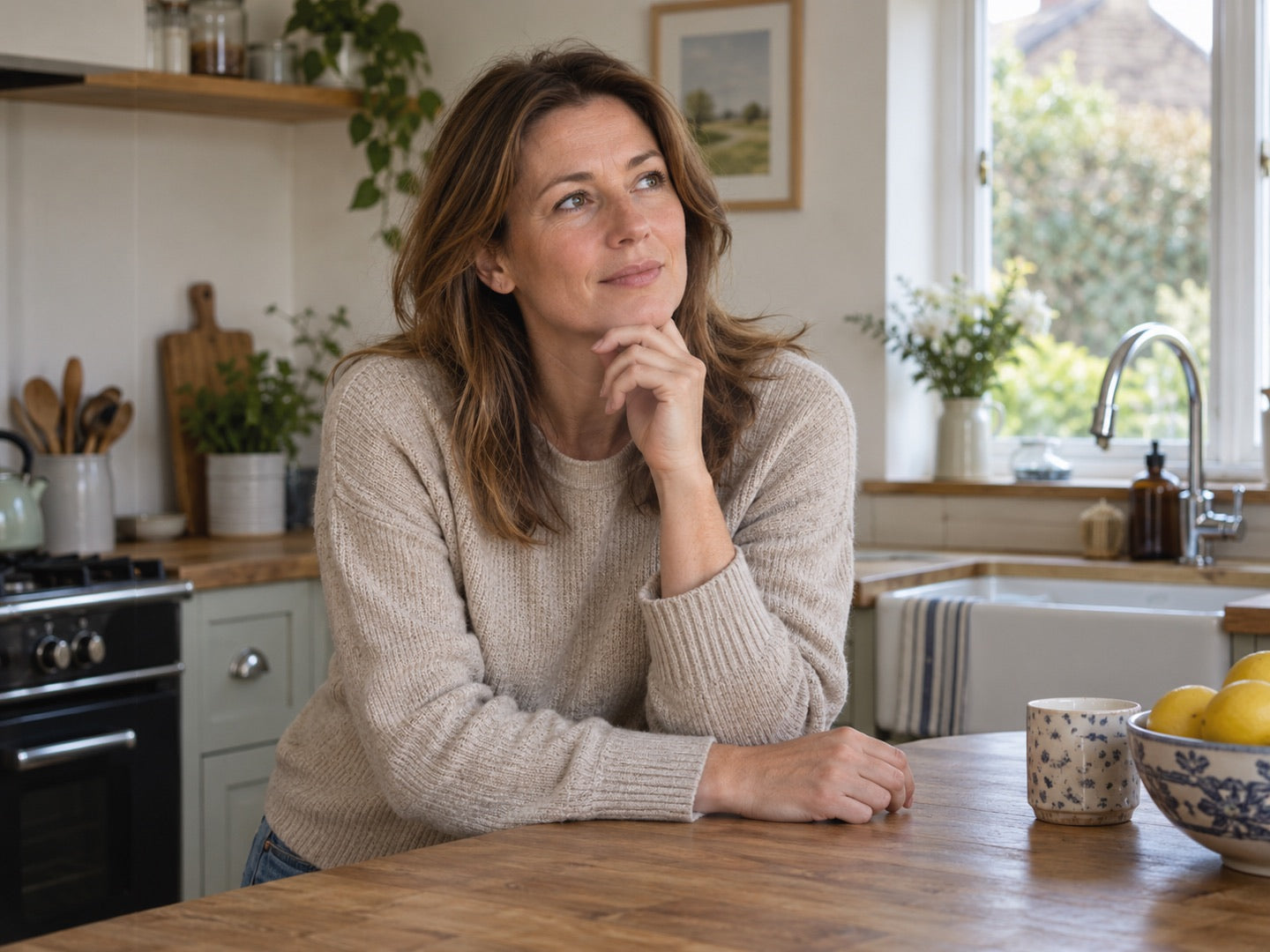 A homeowner considering a question in her kitchen